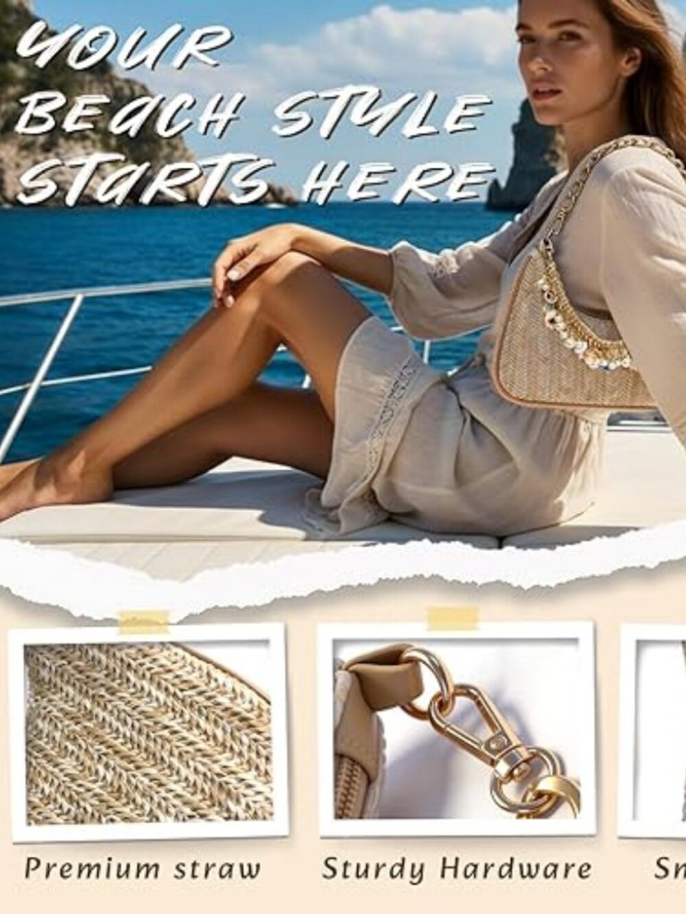 Beach Purse Straw Shoulder Bag for Women Summer Beaded Bag for Vacation Travel w - Picture 2 of 7
